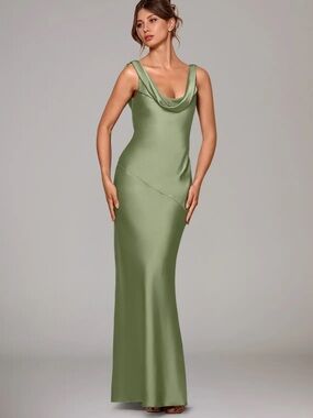 Azazie rylina stretch Satin Cowl Neck Maxi Dress in pistachio
